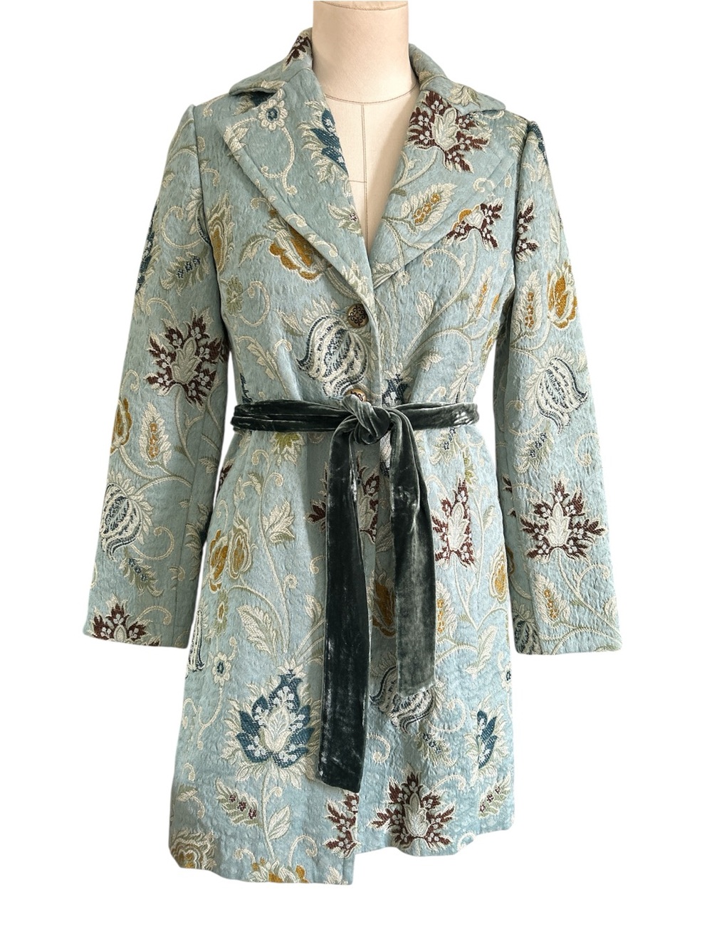 Cabi jacguard tapestry floral button down trench coat blue green size 4